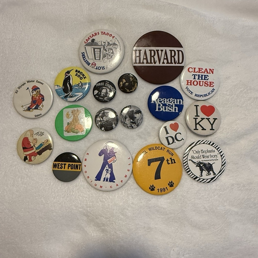 Vintage Pinback Button Lot 17 Reagan Bush‎ Harvard Three Stooges Munsters More